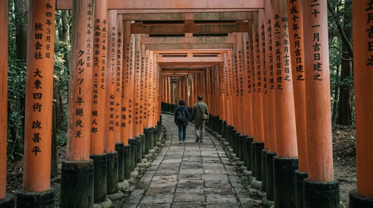 Vermilion torii gate tunnel at Fushimi Inari, the first stop of a Kyoto full day bus tour that ends at the Sagano Bamboo Forest