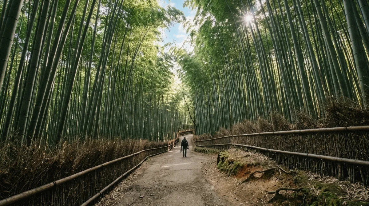 Morning light through tall stalks on the main path of the Sagano Bamboo Forest in Arashiyama, Kyoto
