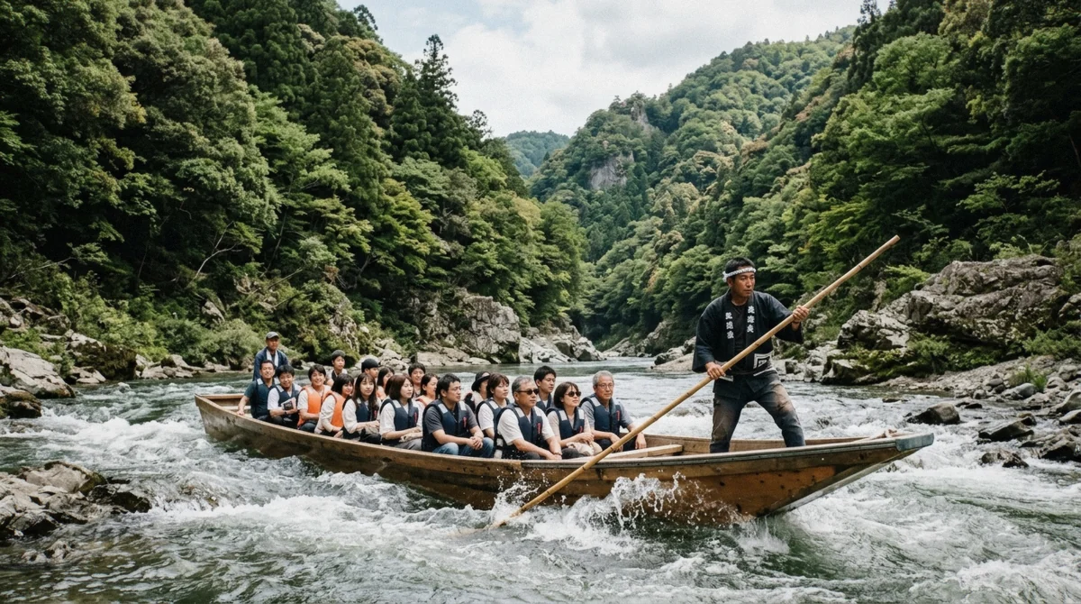 Traditional flat-bottomed boat descending the Hozugawa gorge rapids on an Arashiyama day tour with train, boat and onsen near the Sagano Bamboo Forest