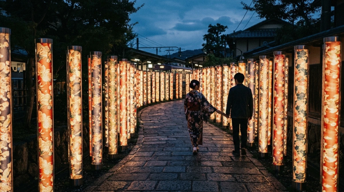 Illuminated kimono-fabric pillars of the Kimono Forest at Arashiyama Station, a stop on the Arashiyama bamboo grove walking tour