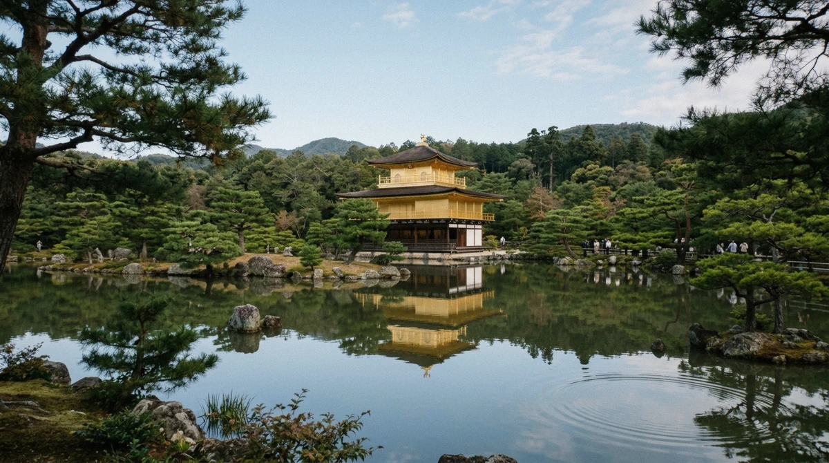 Kinkaku-ji Golden Pavilion reflected in its pond, visited with included ticket on a Kyoto one day bus tour that also walks the Sagano Bamboo Forest