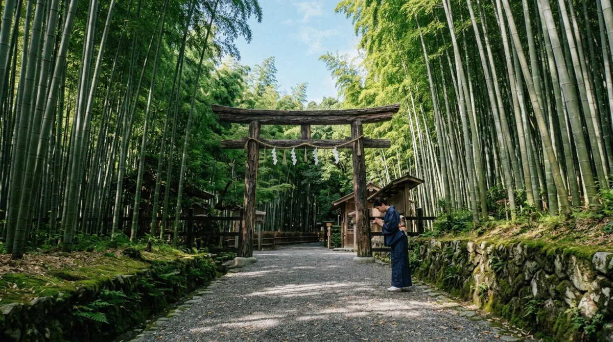 Black-lacquered torii gate of Nonomiya Shrine inside the Sagano Bamboo Forest, a Heian-era site central to the forest's history