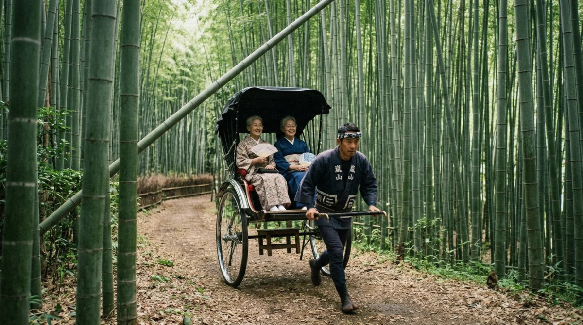 Ebisuya rickshaw carrying two guests along the rickshaw-only lane on an Arashiyama rickshaw tour through the Sagano Bamboo Forest