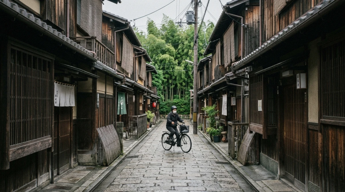 Quiet residential lane in Sagano with traditional wooden houses, the kind of detour an Arashiyama private tour reaches beyond the bamboo forest