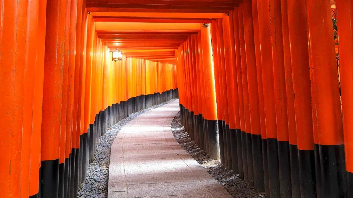 Tour group walking the main path of the Sagano Bamboo Forest during a full-day Kyoto bus tour of Fushimi Inari, Kiyomizu-dera and Arashiyama